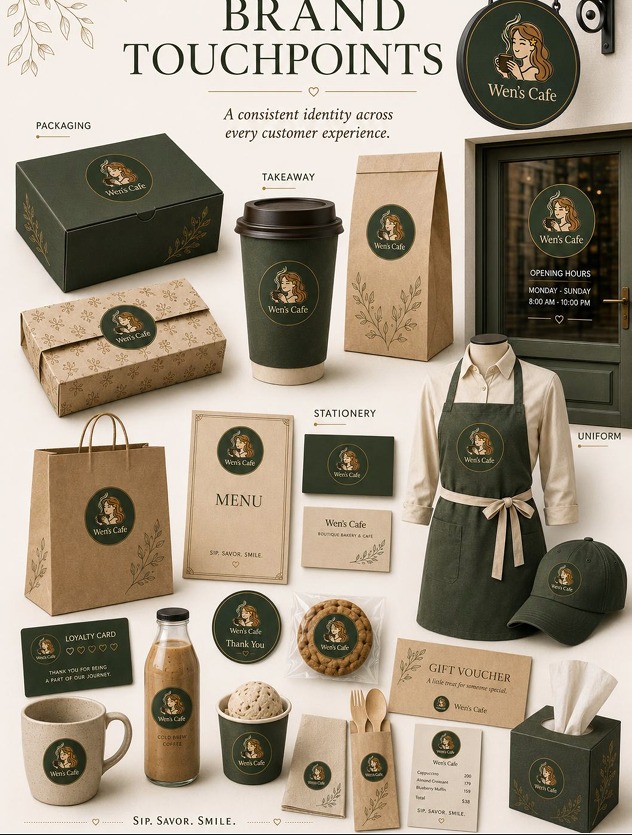 Wen's Cafe brand touchpoints and bakery service